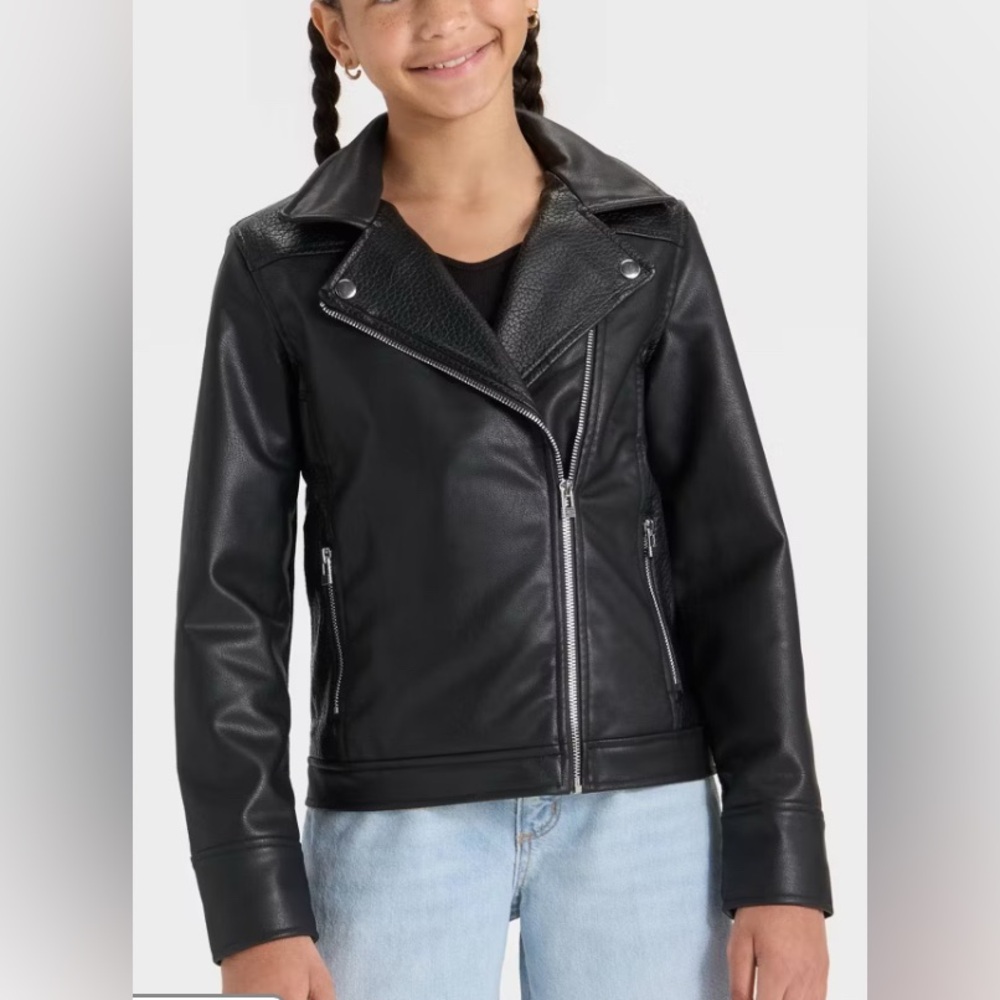 Girls’ faux leather moto jacket. Art Class. Asymmetrical zipper. Black. Sz 10-12